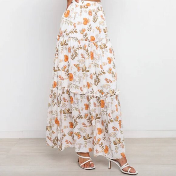 Seven Wonders High Waisted Tiered Maxi Skirt White Fall Leaves Cottagecore US 6 - Picture 1 of 16